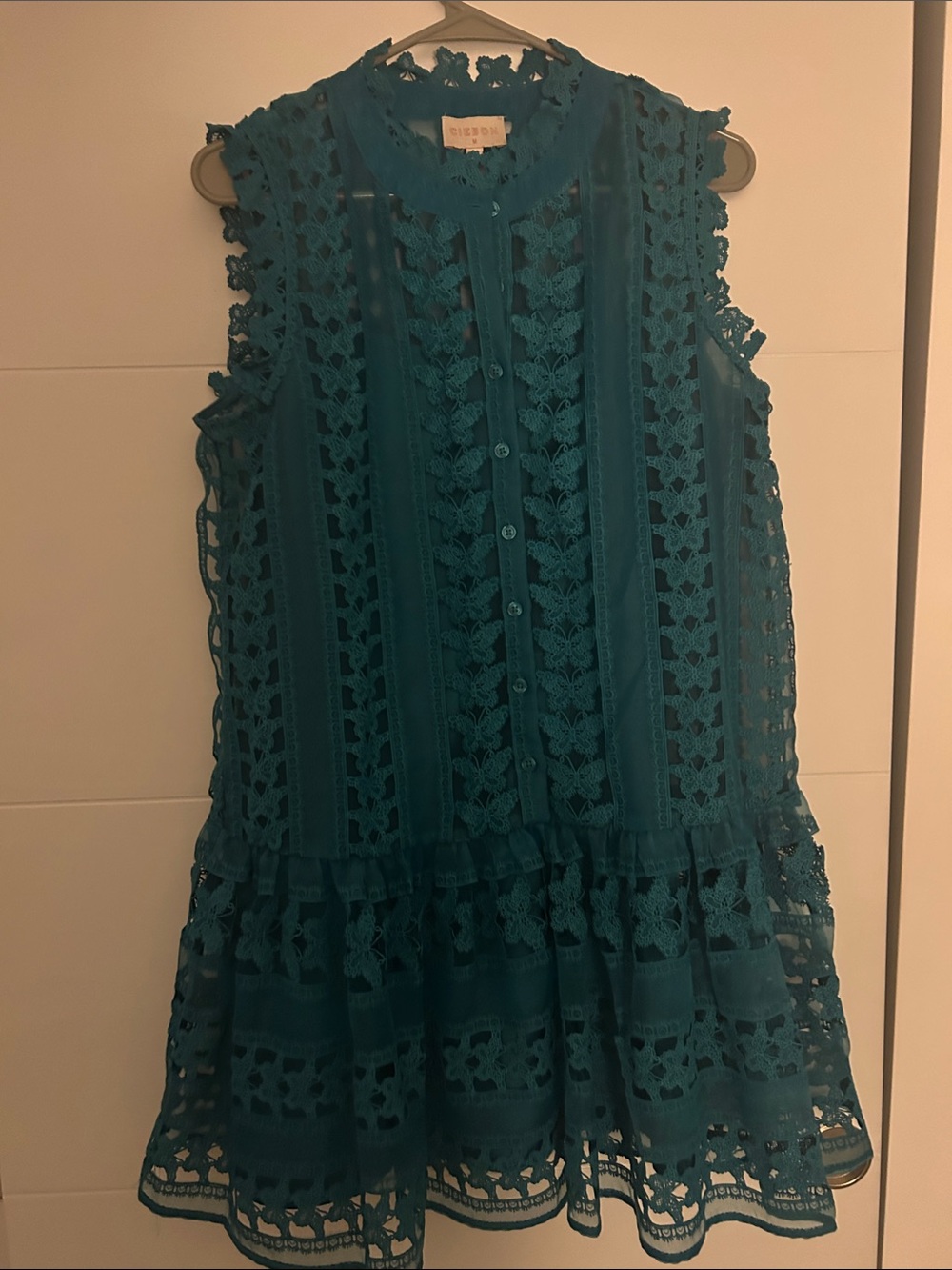 Ciebon Teal Sleeveless Butterfly Lace Panel Mini Dress